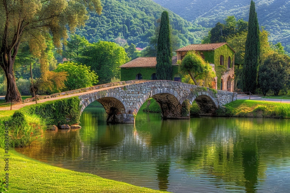 Fototapeta premium A stone bridge crosses over a small lake, perfect for scenic landscapes or rural scenes