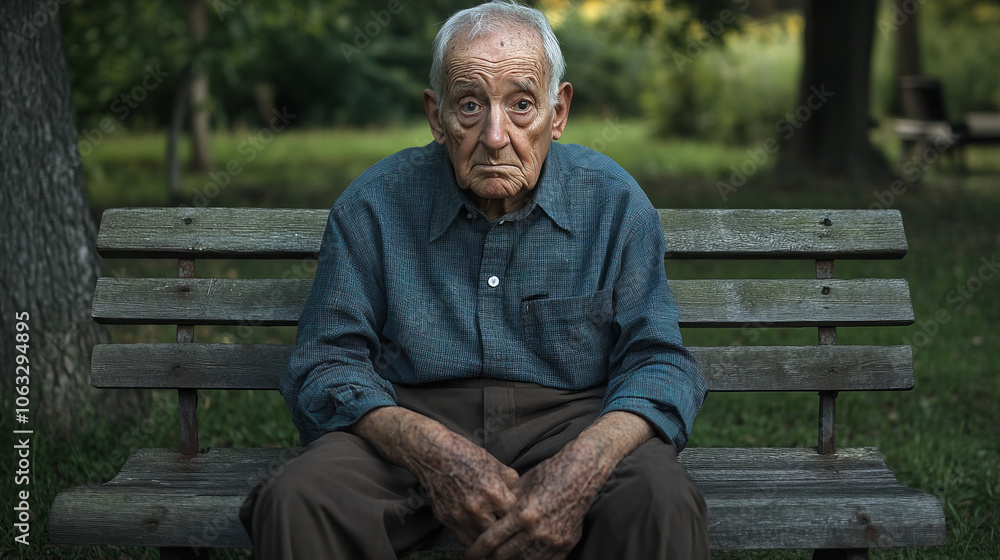 Fototapeta premium An elderly man in an old jacket is standing by a wooden fence, leaning on a cane. His face expresses sadness, and against the background there are autumn leaves and a rural house.