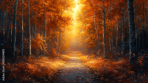 Autumn forest path with warm sunlight