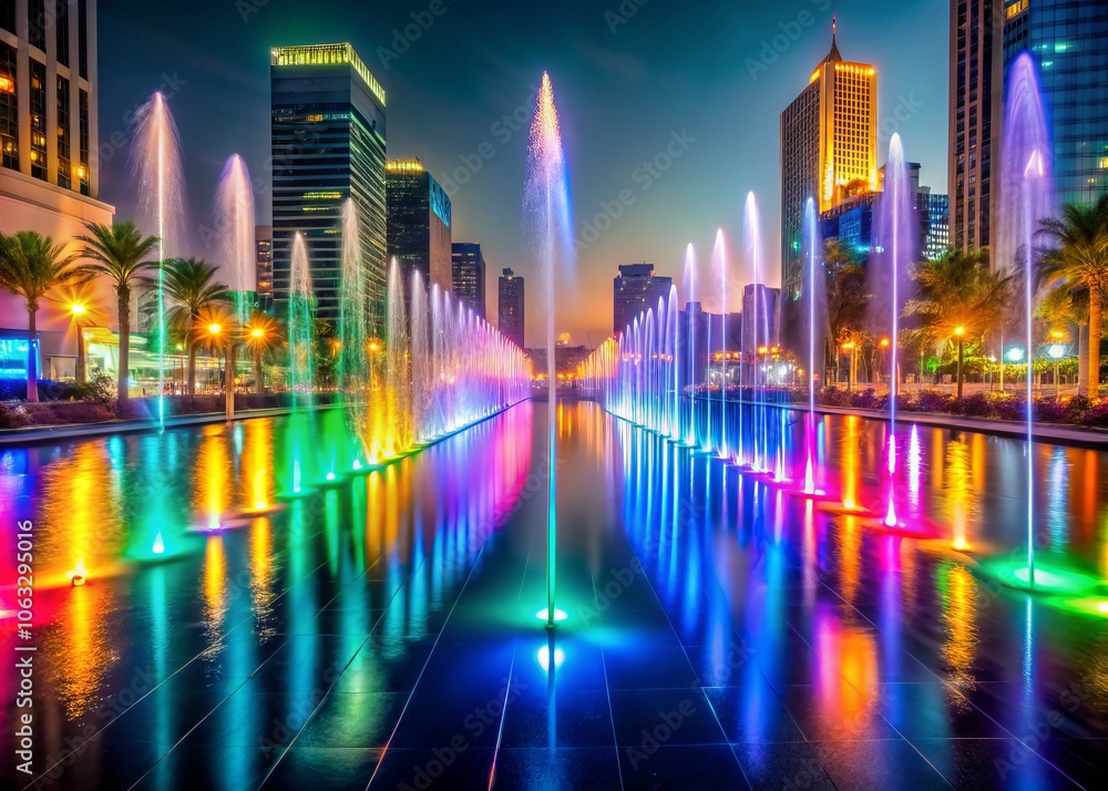 Vibrant Reflections of Colors on Water Fountains and Screens Showcasing Beautiful Shapes in Riyadh City Boulevard at Night Vibrant Reflections of Colors on Water Fountains and Screens Showcasing Beautiful Shapes in Riyadh City Boulevard at Night