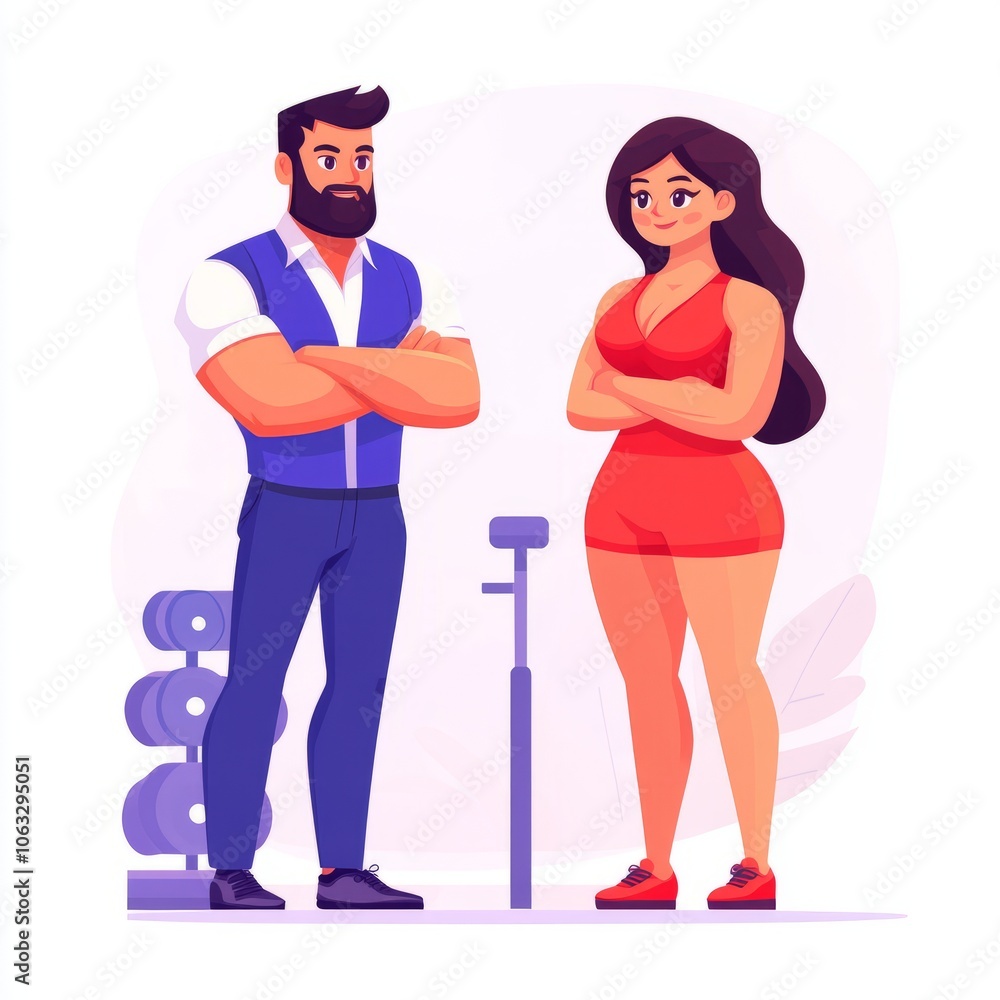 Two characters in athletic wear, standing confidently in a gym setting. Two characters in athletic wear, standing confidently in a gym setting.