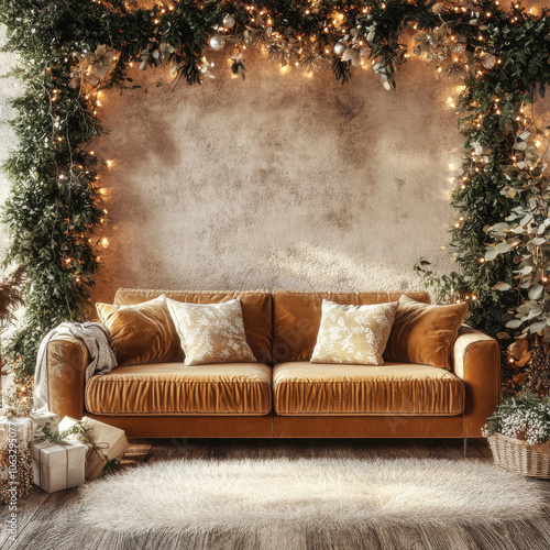 cozy boho Christmas scene with velvet sofa, surrounded by lush greenery and twinkling lights, creating warm and inviting holiday atmosphere