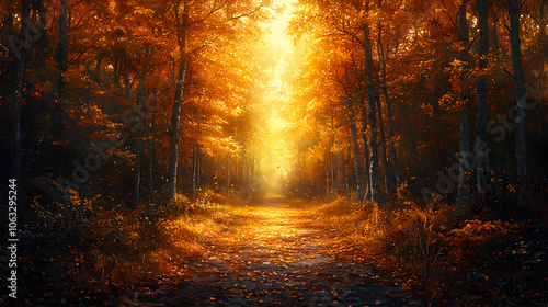 Autumn forest path with golden light.