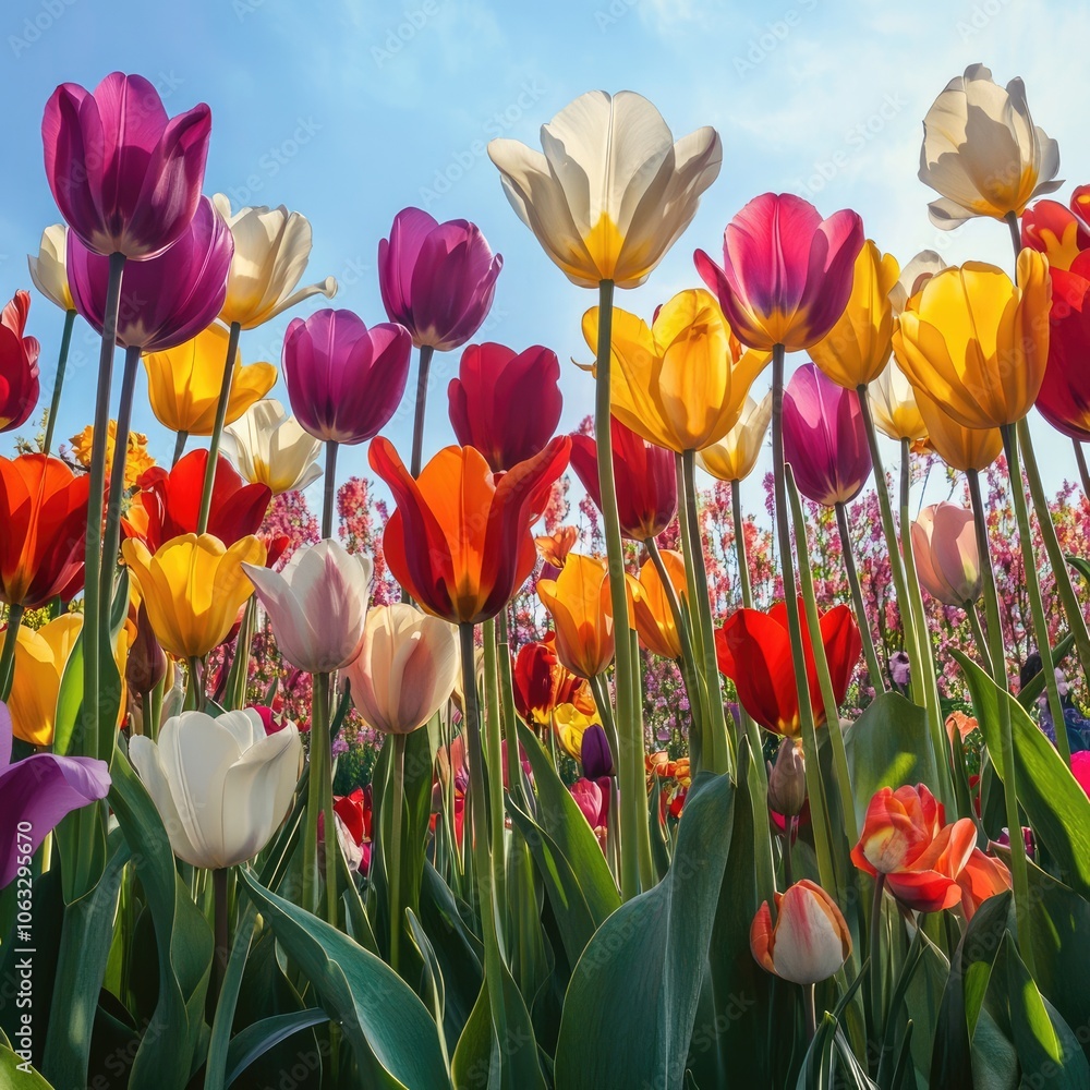 Fototapeta premium Springtime garden bursting with colorful tulips and daffodils