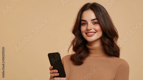 Smiling woman with smartphone on beige background. Space for text