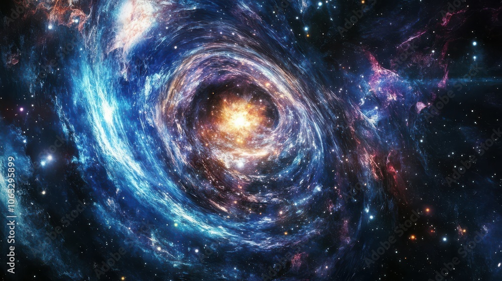 Obraz premium Swirling Galaxy in Cosmic Voyage, Celestial Dance of Stars and Nebula, Dynamic Galactic Core with Distant Planet and Glowing Energy in Space, Stunning Visual of Dark Matter and Stellar Formation