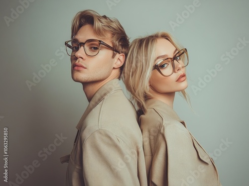 two people, an attractive man and woman with blonde hair wearing glasses standing next to each other dressed in beige tones for commercial photography