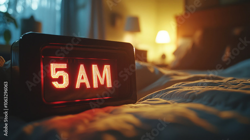 Digital alarm clock displaying 5 AM, early morning time, bedroom interior, close-up, warm lighting, sleep, waking up, quiet dawn, early riser, peaceful setting