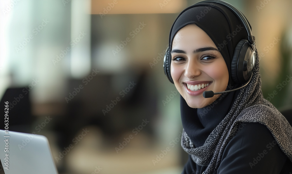 Muslim woman employee with hijab smiling, working with her laptop and headphones with microphone as a teleoperator or customer service. Blurred office background. Muslim woman employee with hijab smiling, working with her laptop and headphones with microphone as a teleoperator or customer service. Blurred office background.