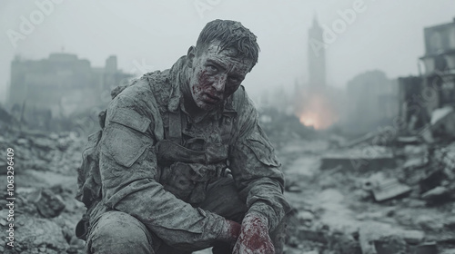 A wounded soldier with blood on his face, with a gloomy expression, watches the battlefield among the rubble. A fire is burning behind him, enhancing the drama of the frame. photo