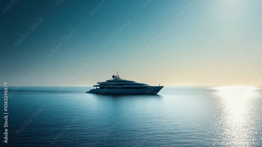 Super yacht cruising on horizon. Clear skies. Calm water. Super yacht cruising on horizon. Clear skies. Calm water.