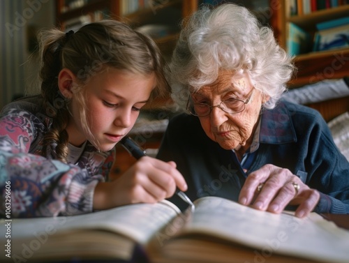 A grandmother and her granddaughter, sharing the joy of reading.