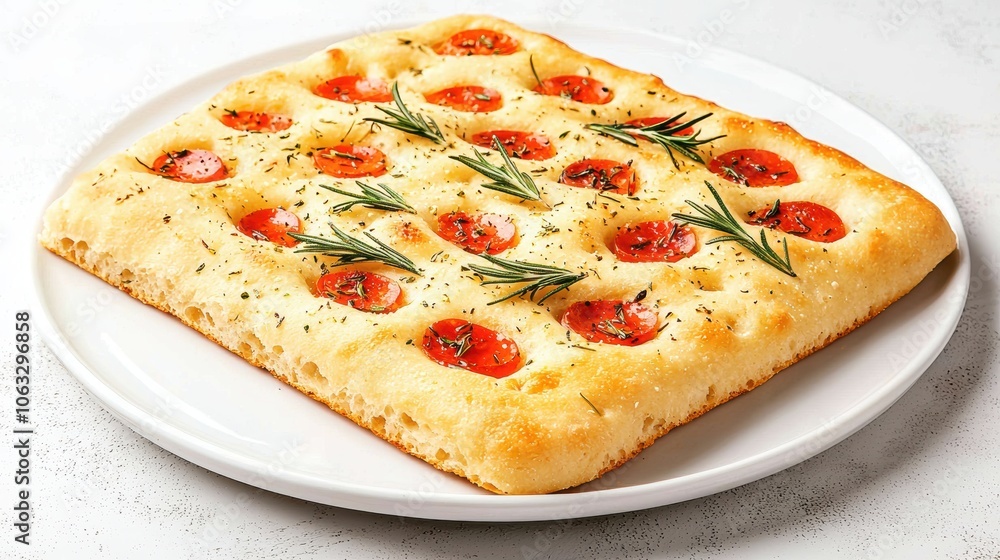 Freshly Baked Focaccia with Cherry Tomatoes and Herbs White Background Freshly Baked Focaccia with Cherry Tomatoes and Herbs White Background