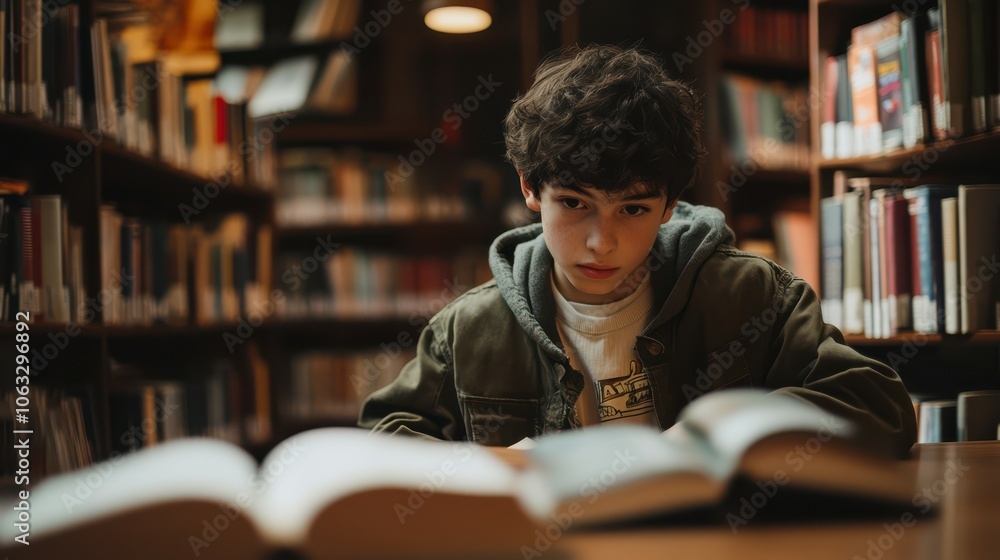 Teenage boy with books at table in library Teenage boy with books at table in library