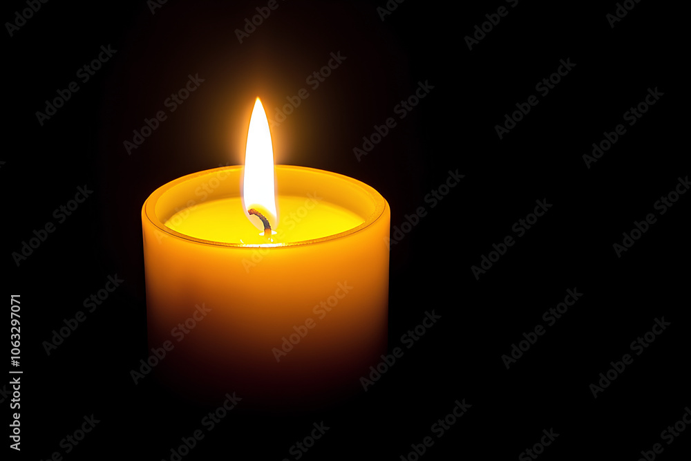 Candle is lit and the flame is yellow. The candle is in a glass container. The image has a warm and cozy feeling Candle is lit and the flame is yellow. The candle is in a glass container. The image has a warm and cozy feeling