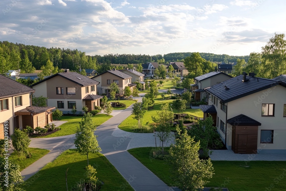 Aerial View of a Modern Residential Neighborhood Showcasing Picturesque Houses and Greenery During a Sunny Afternoon Aerial View of a Modern Residential Neighborhood Showcasing Picturesque Houses and Greenery During a Sunny Afternoon