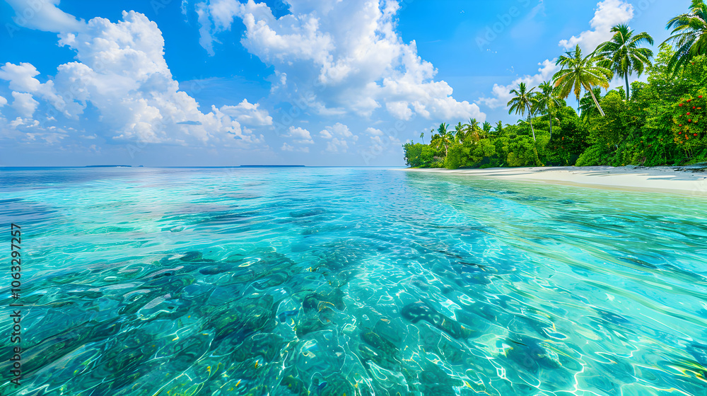 Fototapeta premium A serene tropical beach scene with clear turquoise water and lush greenery.