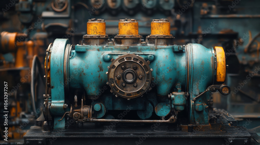 Detailed view of turquoise and yellow industrial machinery, heavy-duty engine, old mechanical design with rust, vintage machine parts, closeup of rugged equipment Detailed view of turquoise and yellow industrial machinery, heavy-duty engine, old mechanical design with rust, vintage machine parts, closeup of rugged equipment