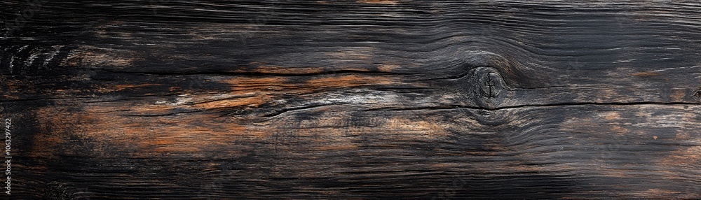 Naklejka premium Dark Wood Grain Texture with Knot and Cracks