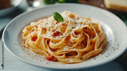 Tasty fresh pasta with sauce and cheese