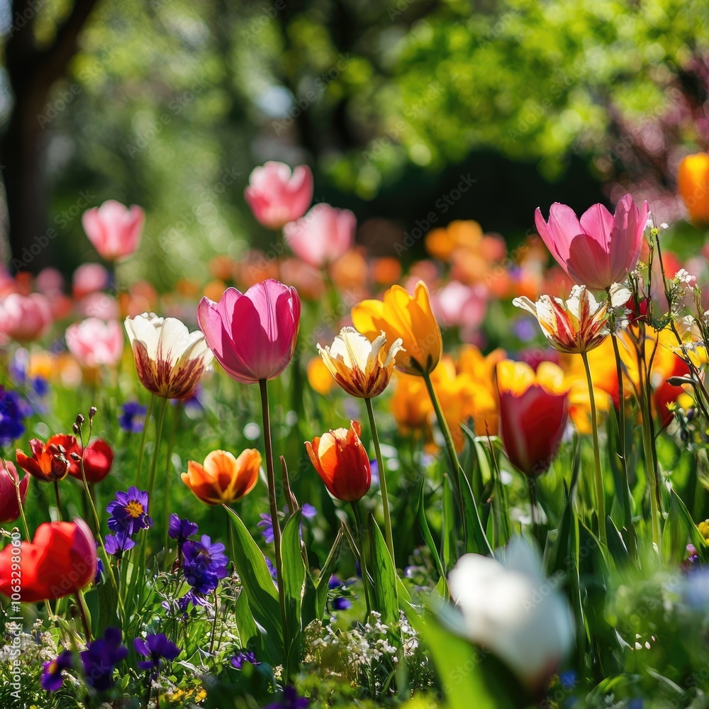Obraz premium Spring blooming flowers in a vibrant garden 
