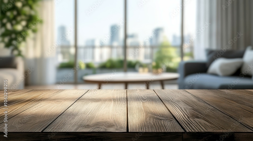 Living room with table, wooden table with blurred modern apartment interior background, living room with table, empty wooden tabletop and blurred living room Living room with table, wooden table with blurred modern apartment interior background, living room with table, empty wooden tabletop and blurred living room