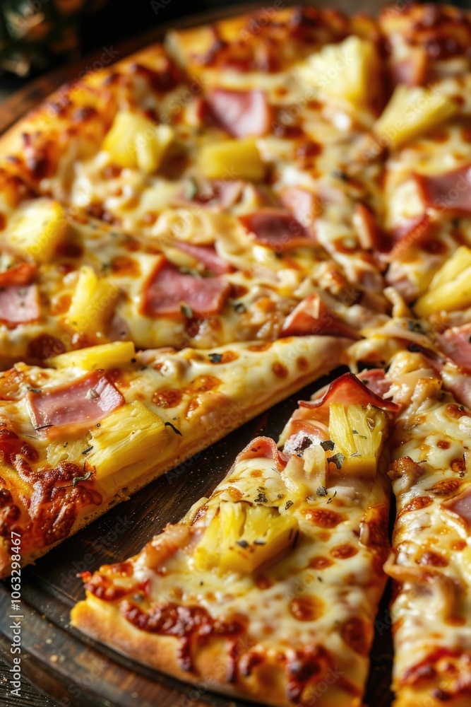 Slice of pizza with pineapple and ham on it. The pizza is cut in half and placed on a wooden cutting board Slice of pizza with pineapple and ham on it. The pizza is cut in half and placed on a wooden cutting board