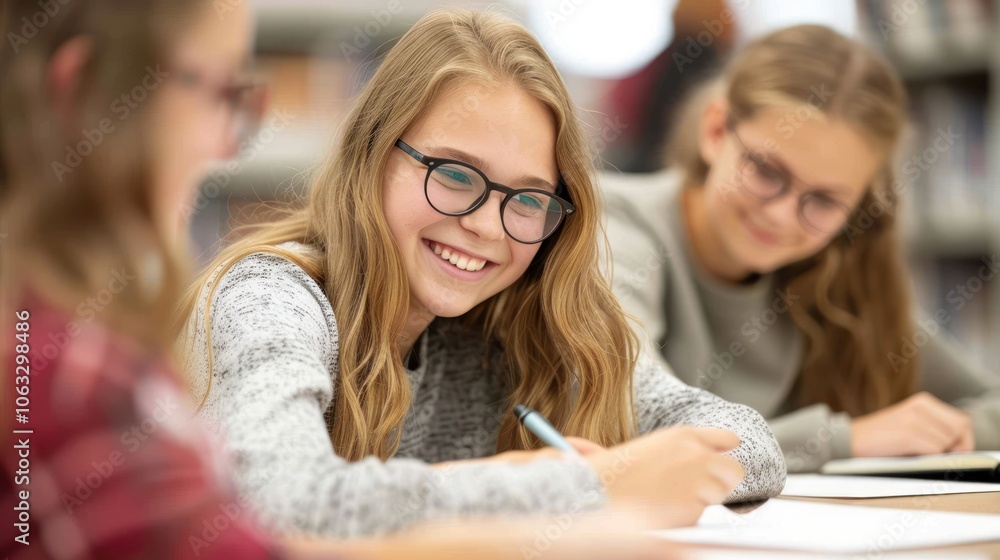 A smiling girl with glasses is engaged in writing at a table, surrounded by peers, in a cozy library setting. A smiling girl with glasses is engaged in writing at a table, surrounded by peers, in a cozy library setting.