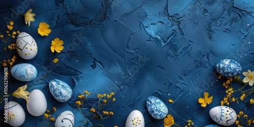 Decorative Easter eggs with yellow and blue patterns on a blue background.