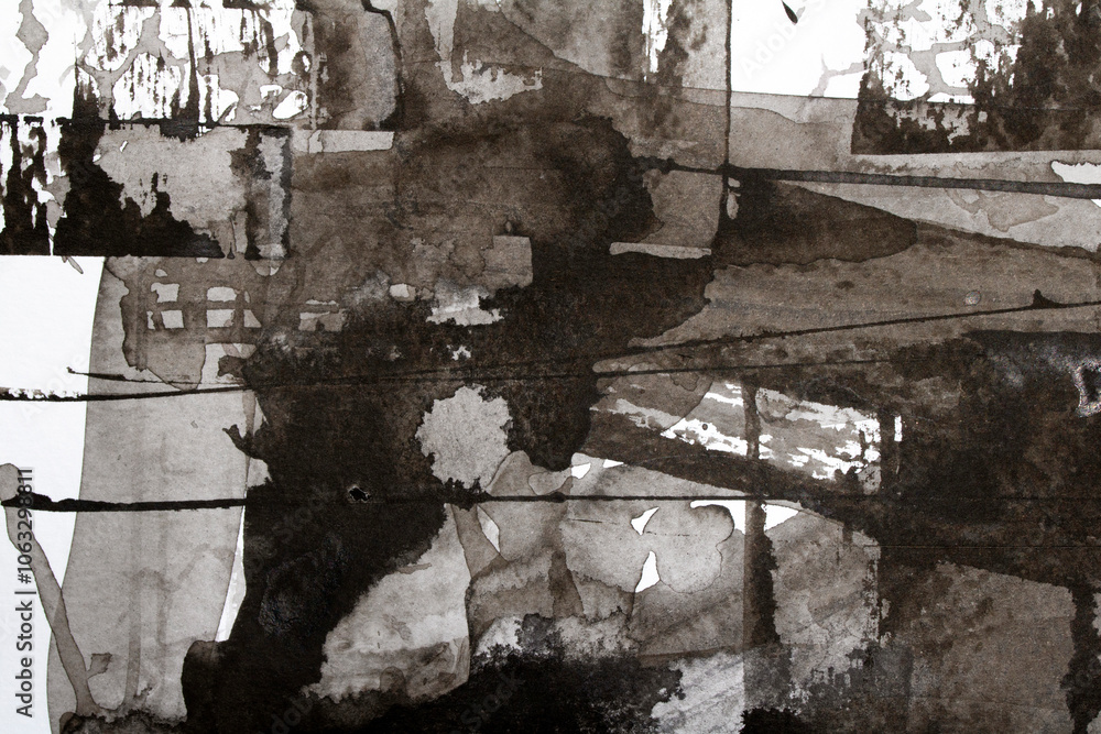 Fototapeta premium Thick Black and White Ink and Paint Splatters and Lines Abstract Background
