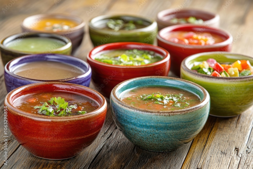 A wooden table set with bowls of warm soup, perfect for a cozy meal or gathering A wooden table set with bowls of warm soup, perfect for a cozy meal or gathering