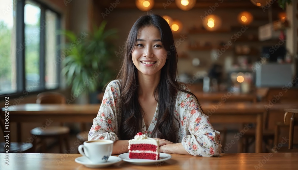 A Young Asian Woman Enjoys a Slice of Red Velvet Cake While Smiling at the Camera in a Cozy Cafe Setting A Young Asian Woman Enjoys a Slice of Red Velvet Cake While Smiling at the Camera in a Cozy Cafe Setting