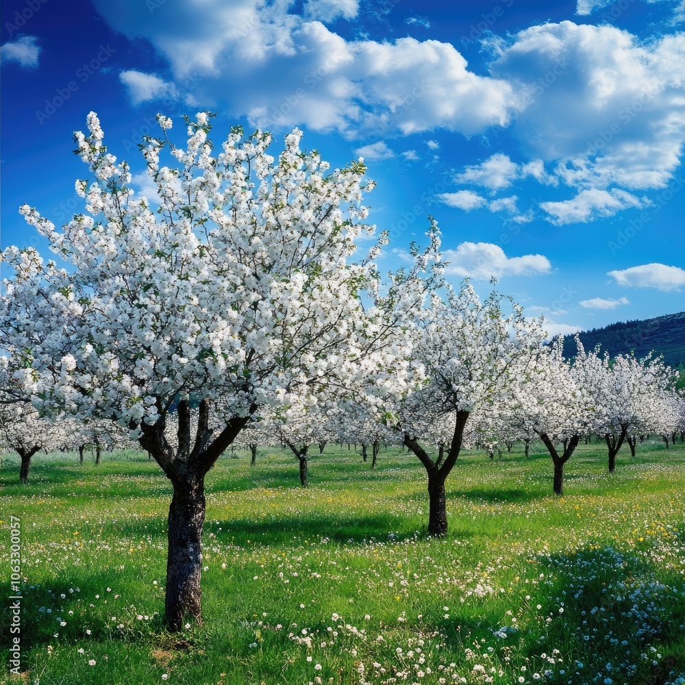 Spring orchard with fruit trees in full blossom Spring orchard with fruit trees in full blossom