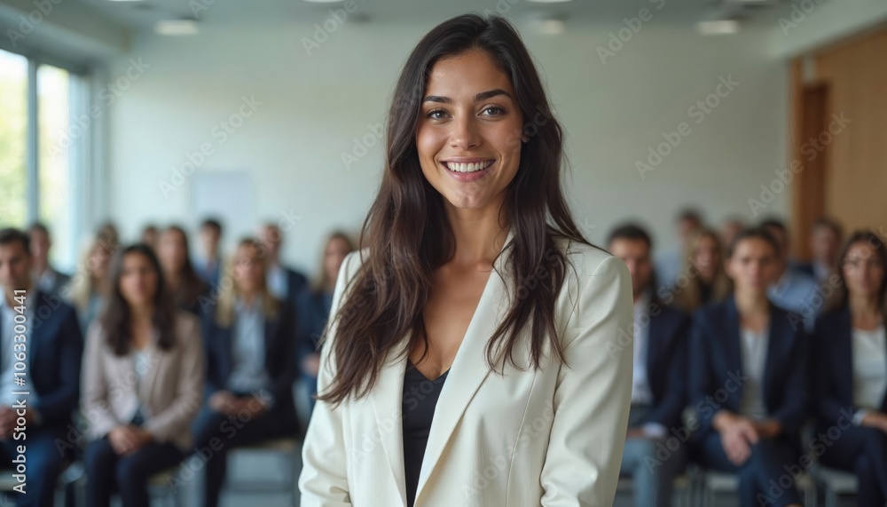 custom made wallpaper toronto digitalConfident Businesswoman Engages Audience with Charismatic Smile During Professional Presentation