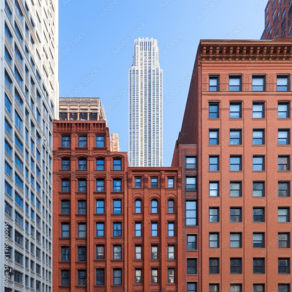 Fototapeta premium Urban scene featuring contrasting architectural styles with a skyscraper backdrop.
