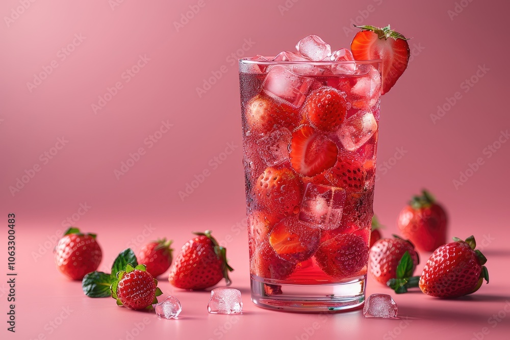 A Glass of Strawberry-Infused Drink with Ice Cubes and Fresh Strawberries A Glass of Strawberry-Infused Drink with Ice Cubes and Fresh Strawberries