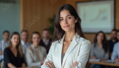 Confident Businesswoman Engages Audience in Professional Presentation at Corporate Meeting