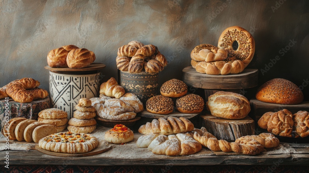 Traditional Uzbek bread stand with freshly baked non in various shapes and sizes Traditional Uzbek bread stand with freshly baked non in various shapes and sizes