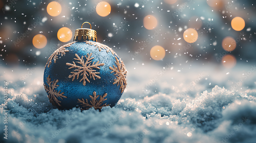 Blue and gold ornament with snowflakes sits on a snowy ground. The scene is serene and peaceful, with the snowflakes adding a touch of magic to the image Blue and gold ornament with snowflakes sits on a snowy ground. The scene is serene and peaceful, with the snowflakes adding a touch of magic to the image