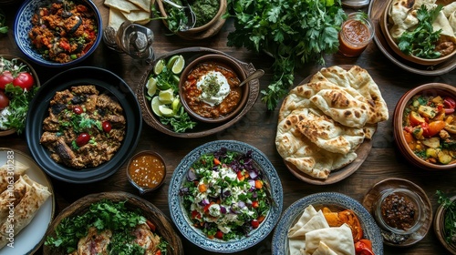 An assortment of traditional dishes from various cultures beautifully arranged on a table, highlighting unique flavors and vibrant presentations