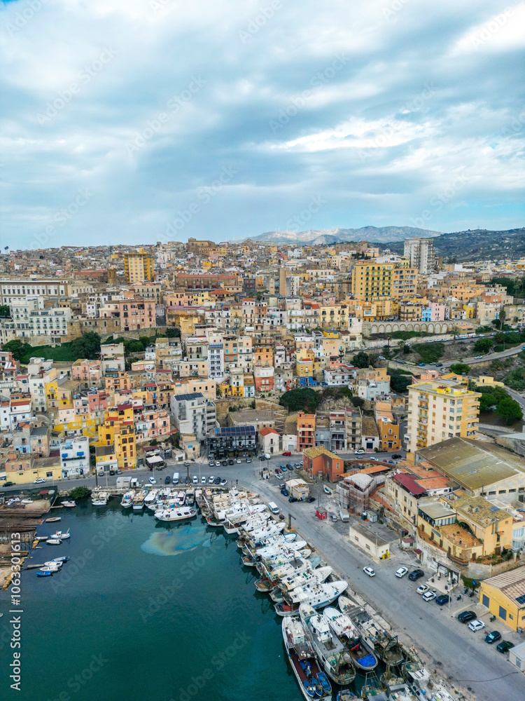 Aerial View of Sciacca, Italy with Harbor and Colorful Buildings Aerial View of Sciacca, Italy with Harbor and Colorful Buildings