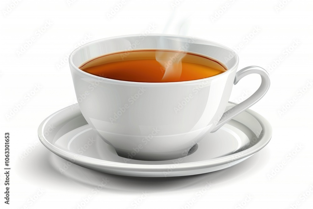 A delicate cup of hot tea sitting on a saucer, perfect for a cozy moment A delicate cup of hot tea sitting on a saucer, perfect for a cozy moment