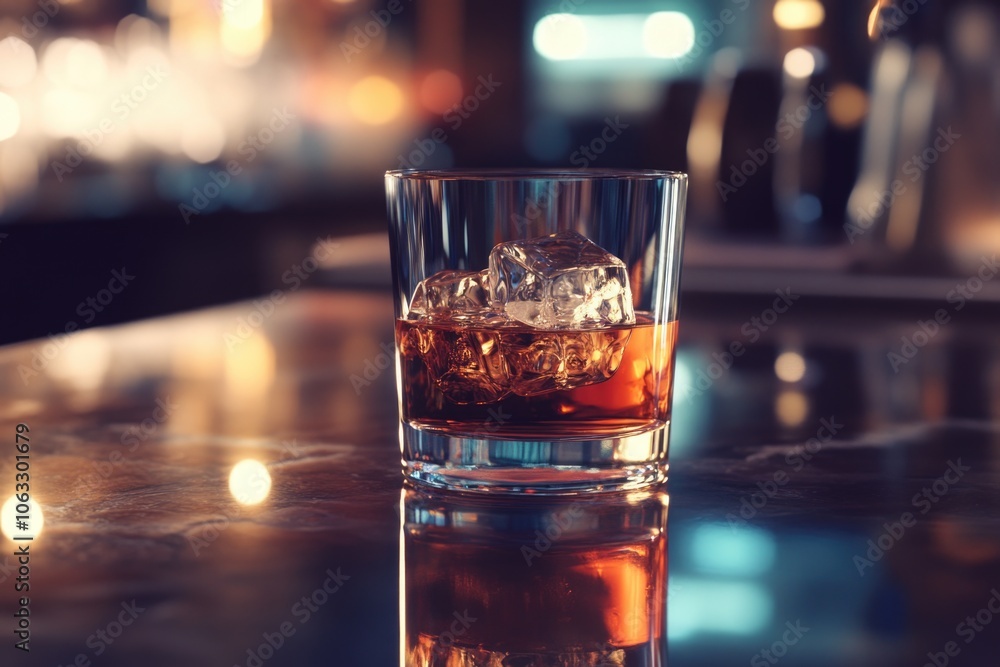 Glass of whiskey on bar with ice and reflection. Glass of whiskey on bar with ice and reflection.