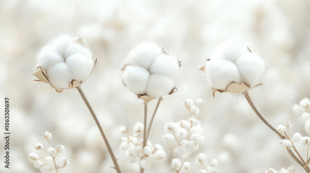The white color and soft, fluffy texture of the cotton seeds. The focus highlights the three full cotton flowers in the foreground, background is blurred to emphasise the details of each cotton The white color and soft, fluffy texture of the cotton seeds. The focus highlights the three full cotton flowers in the foreground, background is blurred to emphasise the details of each cotton
