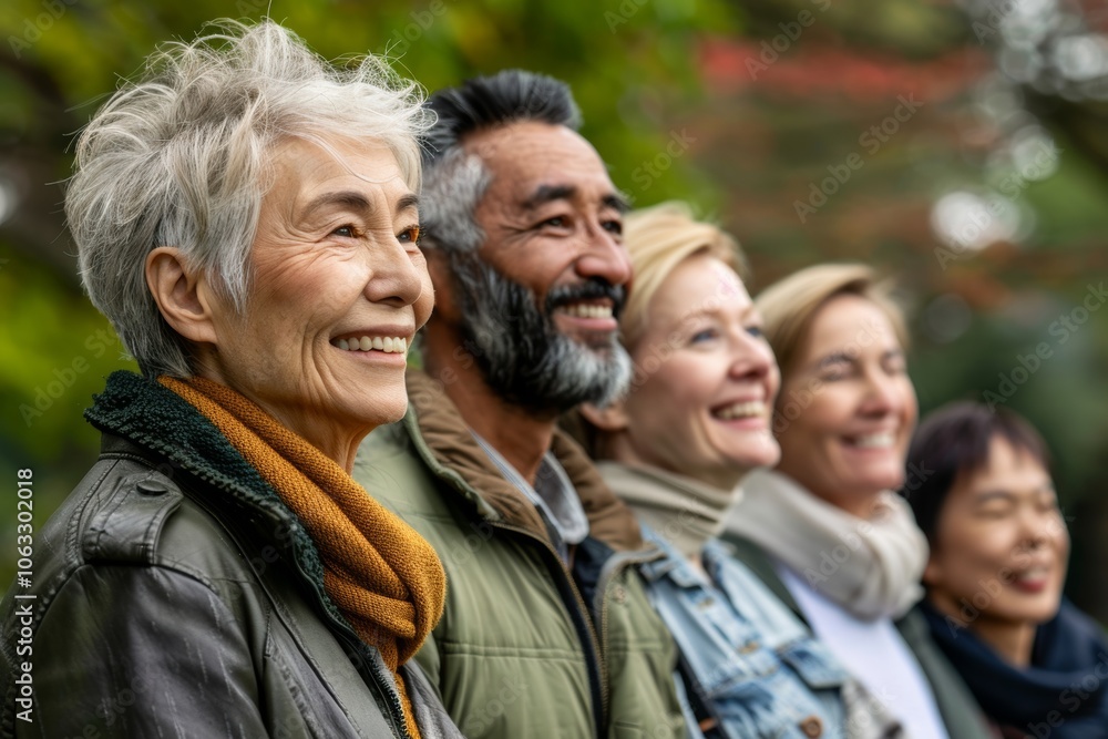 Group of asian senior friends smiling and looking at camera in the park Group of asian senior friends smiling and looking at camera in the park