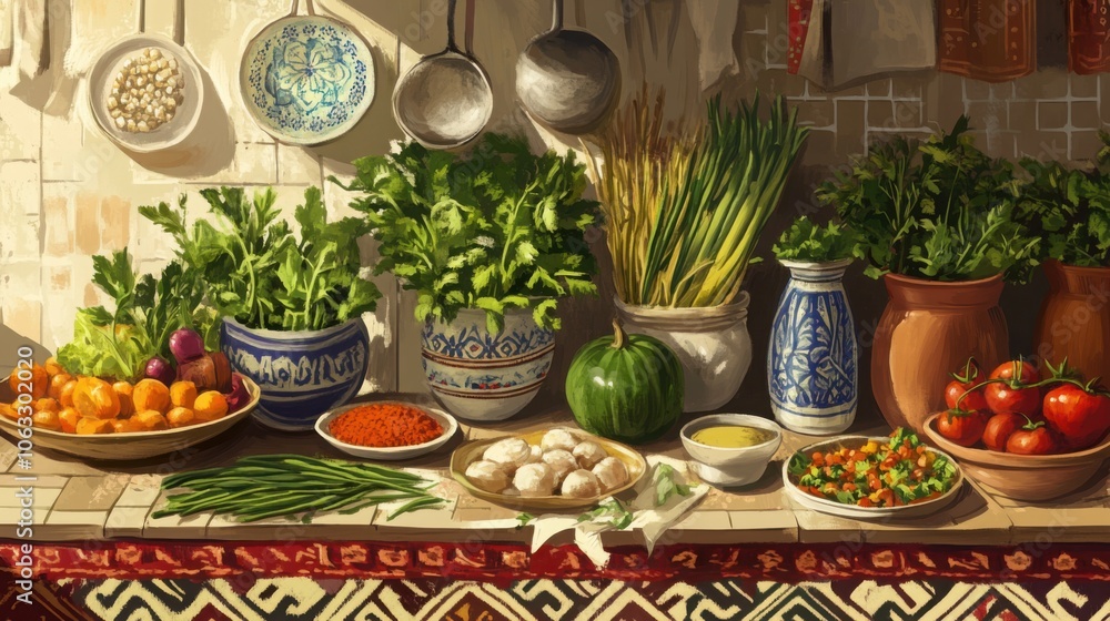 Fototapeta premium Uzbek kitchen scene with fresh herbs, vegetables, and spices used for traditional recipes