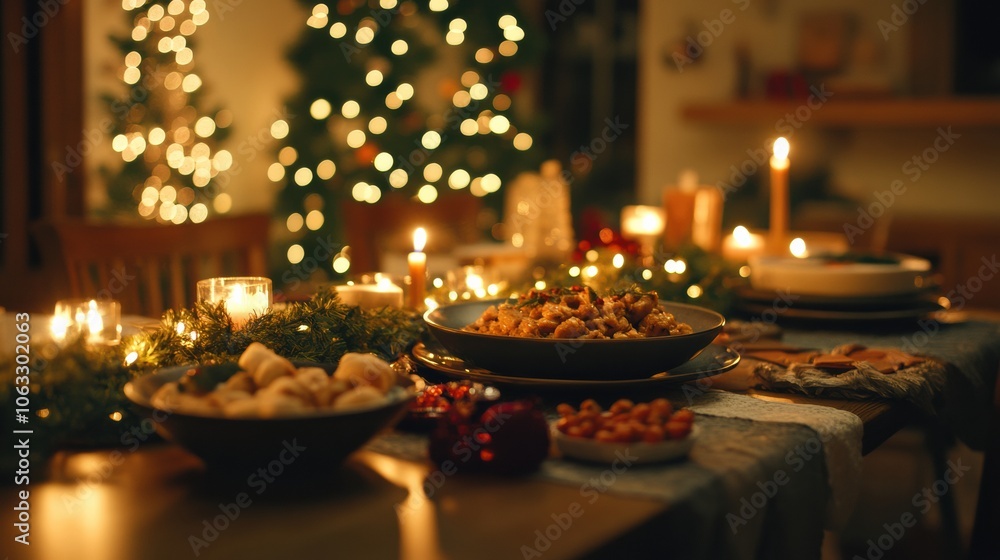 The festive table is adorned with Christmas dishes, surrounded by flickering candles and lush garlands, creating a warm atmosphere. Generative AI The festive table is adorned with Christmas dishes, surrounded by flickering candles and lush garlands, creating a warm atmosphere. Generative AI