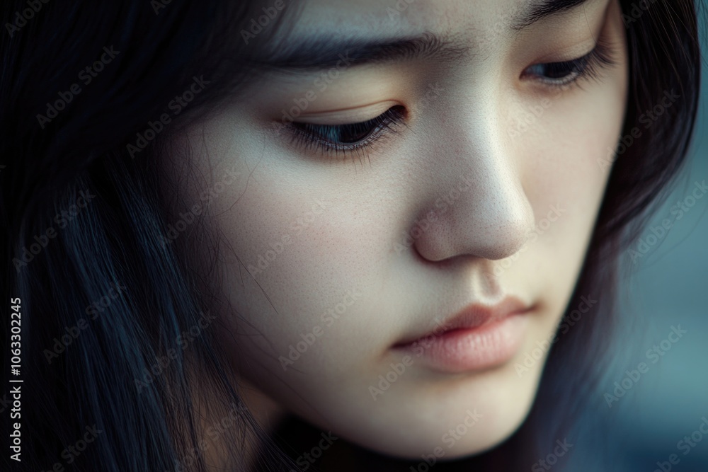Asian girl with pensive expression looking down. Asian girl with pensive expression looking down.
