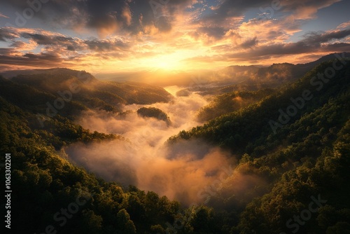 Wallpaper Mural Majestic Sunrise Over a Misty Valley With Rolling Hills and Vibrant Clouds in a Serene Natural Landscape Torontodigital.ca