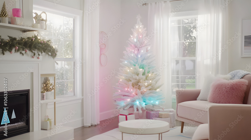 A cozy living room decorated for the holidays, featuring a pastel-colored Christmas tree with lights, a fireplace, and soft furnishings. A cozy living room decorated for the holidays, featuring a pastel-colored Christmas tree with lights, a fireplace, and soft furnishings.